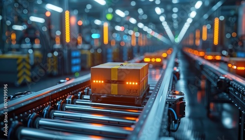 A box on a conveyor belt moves through an automated warehouse. The warehouse is full of shelves and boxes, and the conveyor belt is moving quickly. The box is labeled "Fragile".