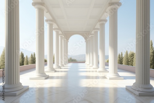 The image shows a long white marble floor with ionic columns on both sides. At the end of the corridor, there is a large arched opening with a view of the landscape outside.