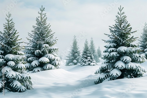 Beautiful landscape with snow covered fir trees and snowdrifts.Merry Christmas and happy New Year greeting background with copy-space.Winter fairytale.
