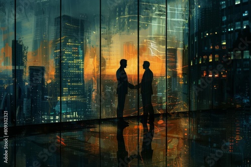 shadowy business agreement silhouetted influential men shake hands dramatic cityscape digital painting