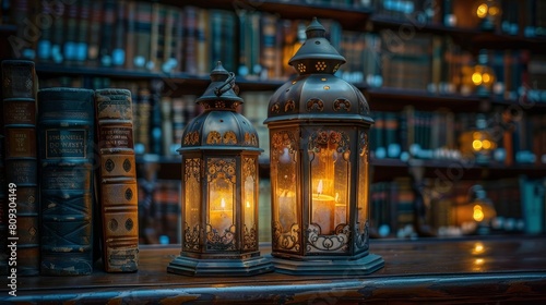 Antique lanterns in an old library, in magazine photography style, emphasizing the historical elegance and the play of light and shadows