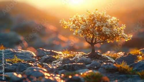 A beautiful landscape image of a tree with white flowers in a rocky field