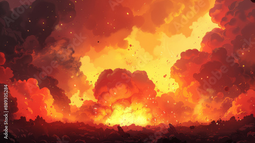 Intense scene depicting a massive, explosive fire with billowing smoke and bright flames.