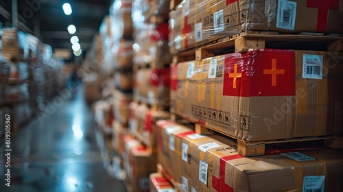 A large warehouse filled with neatly stacked boxes labeled with a red cross.