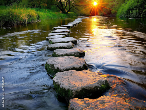 Shows a path of stepping stones along a river.