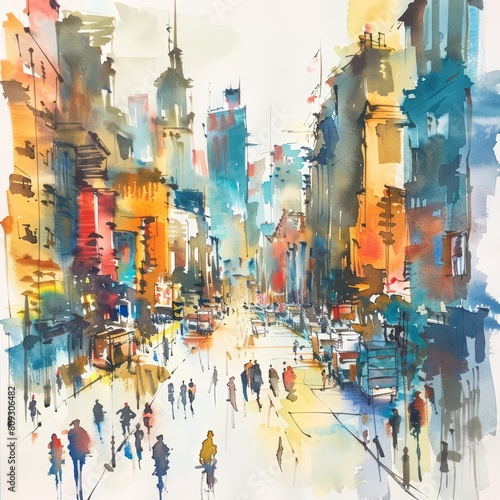 A fantastic watercolor of a bustling cityscape, vividly depicting the dynamic urban life, isolated with a white background