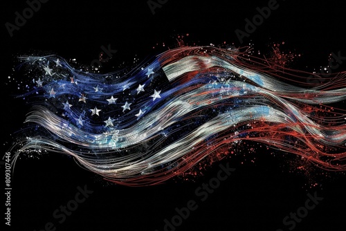 Vibrant digital art of American flag waves with sparkling stars on dark background, patriotic themes.