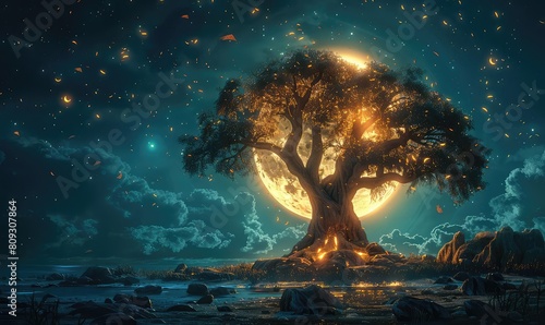 A mystical moonlit forest with a large glowing tree at its center. The tree is surrounded by a river and a rocky shore, and the sky is filled with stars and a bright moon.