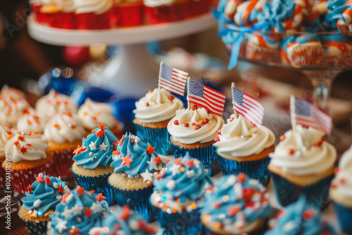 Close Up of Cupcakes With American Flags. Generative AI