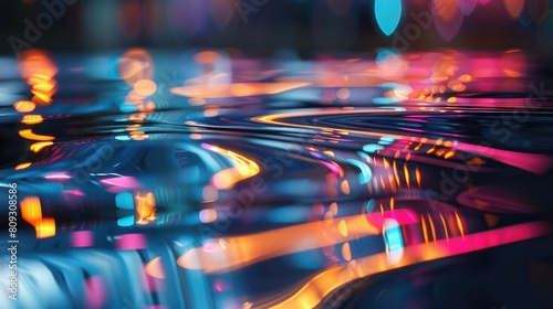 abstract background with moving light trails reflected on a water surface