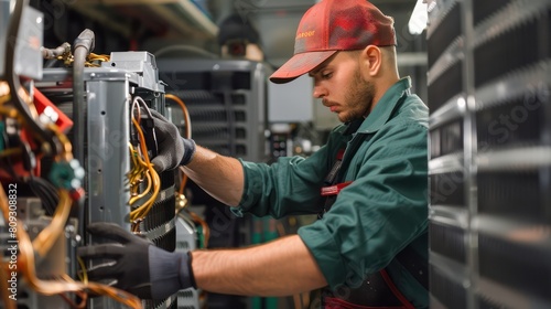 A focused technician in a green uniform fine-tunes components of an HVAC system for operational efficiency