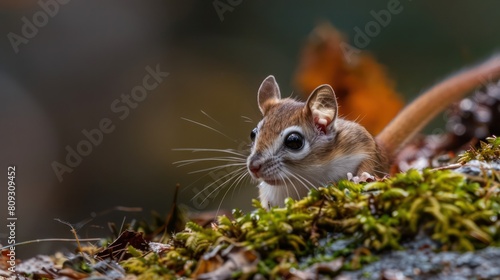 An adorable chipmunk with big, expressive eyes peeks curiously over a moss-covered log
