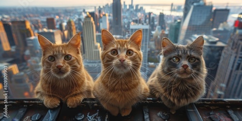 A group of funny meme realistic cats hanging or sitting on the railings of a high-rise building with a beautiful view of the city