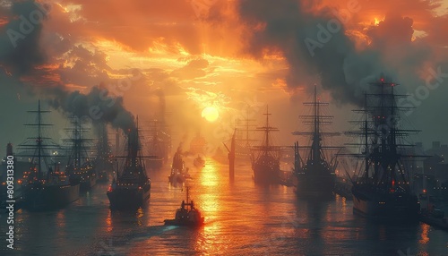 A large fleet of steam-powered ships is anchored in a harbor at sunset