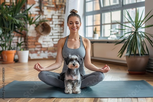 Smiling woman practicing yoga by schnauzer dog on exercise