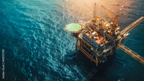 Aerial view of Offshore oil and gas rig construction station platform on the sea. Industry searching for fuel and energy, extract process petroleum and natural gas at ocean beneath seabed.