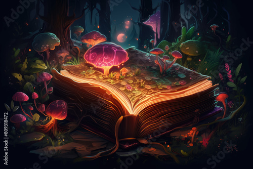 An open book lies in the center of a forest teeming with mushrooms, blending into the natural surroundings