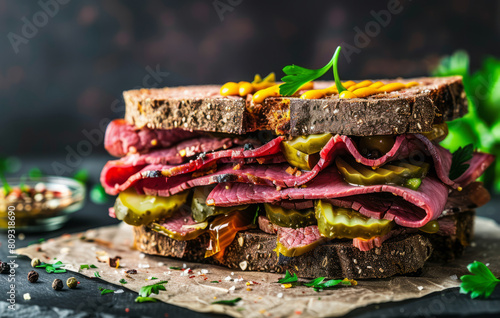 A mouthwatering pastrami sandwich stacked high with succulent meat, pickles, and fresh green herbs, served on rustic whole-grain bread, capturing the essence of a gourmet deli experience