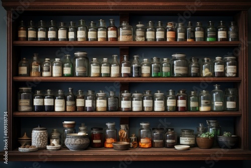 Classic wooden apothecary chest filled with labeled glass jars containing herbs and spices