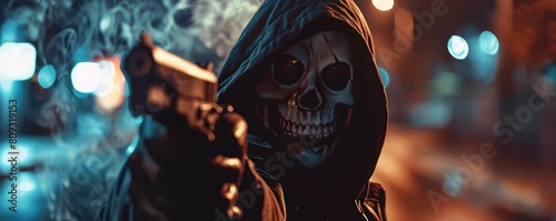 A man in a mask with a gun in his hand aims at an unknown aboutbjekt.