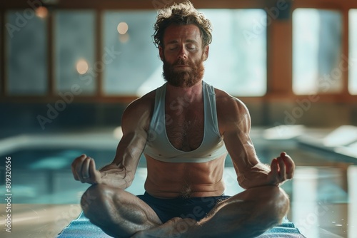 Focused and muscular man meditating in a serene indoor setting, illustrating calmness and mental clarity amidst a physically fit lifestyle.