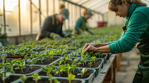 Horticulturists Cultivating Young Plants in a Greenhouse Environment