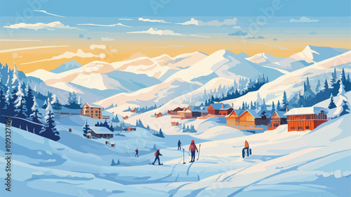 Ski Resort with Skiers. Mountain skiing map style b