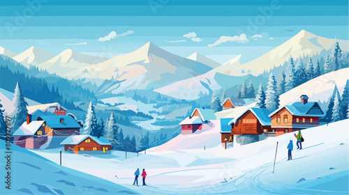 Ski Resort with Skiers. Mountain skiing map style b