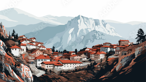 Sketch of mountain landscape with Georgian town col