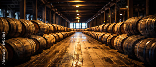 Wine Barrels in a Winery Cellar. AI Generated Image