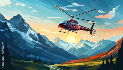 An accident victim transportation. Ski resort rescuer team. Finding people operation. Helicopter evacuating a person in a rescue sled. Flat illustration