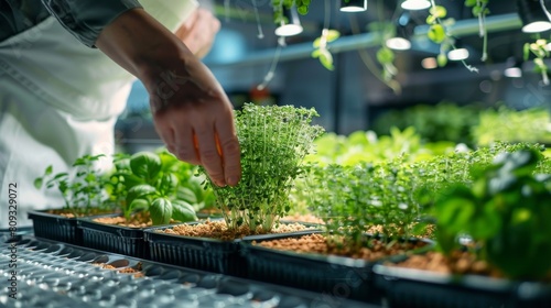a hydroponic setup where a gardener is planting seeds directly into net pots filled with clay pellets. The backdrop shows a well-lit grow room with various stages of plant growth visible
