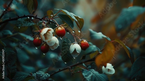 Wild white rosehips in their natural environment