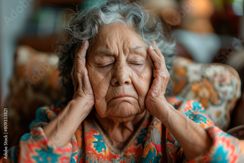 Health Alert: Latin Elderly Woman with Diabetes Struggling with Dizziness and Headache During a Hypoglycemia Episode at Home
