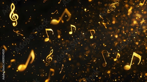 Gold musical notes flying in the air on black background with copy space. Group musical notes and G-clef. Melody symbol. Musical notes with the treble clef.