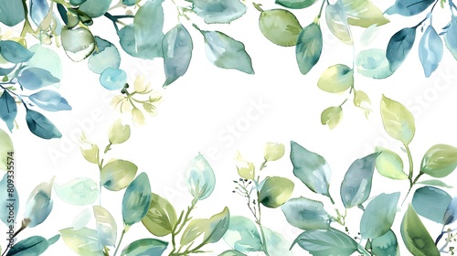 Watercolor painted greenery frame template. Bouquet with green, blue branches and leaves. Seamless