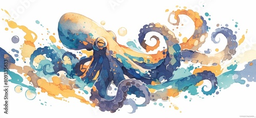 Watercolor Octopus design on white background