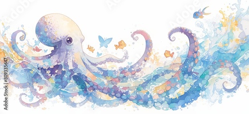 Watercolor Octopus tattoo design, colorful ink style, white background