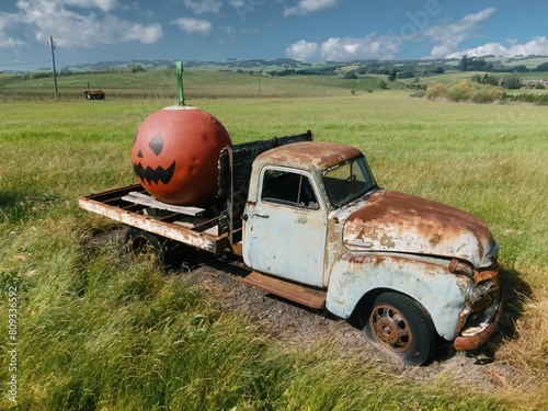 Abandoned rustec pickup truck with giant pumpkin on it. Petaluma, California, United States of America.