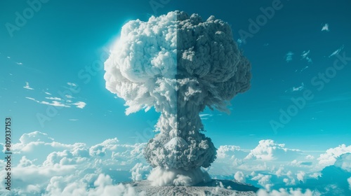 A mushroom cloud divided vertically half white and half blue,