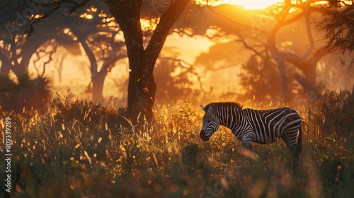 Africa sunset. Plains zebra, Equus quagga, in the grassy nature habitat with evening light in Lake Mburo NP in Uganda. Sunset in savanah. Animals with big trees.