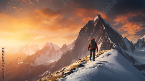 A climber stands on the top of a mountain
