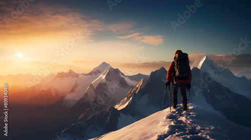 A climber stands on the top of a mountain