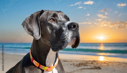 close up of great dane on beach with ears back looking right