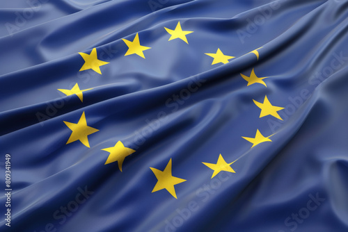 Close-up of the european union flag with its circle of gold stars on a blue background. Symbolizing unity. Waving elegantly. Representing european unity and identity in high detail and vibrant colors