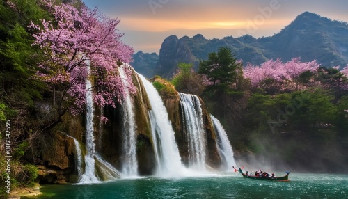 beautiful mountain waterfall painting scenery generative ai