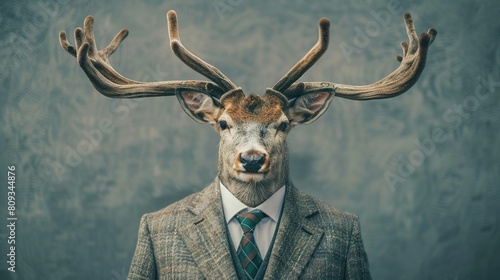 Deer in clothes with shiny horns. Business man in suit with tie with deer head. Graphic concept in vintage style.