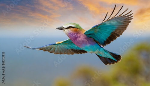 lilac breasted roller coracias caudatus flying away in kruger national park south africa