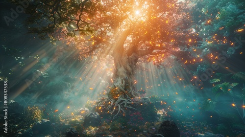 A divine tree of immortality with strong colorful rays and interesting root system.