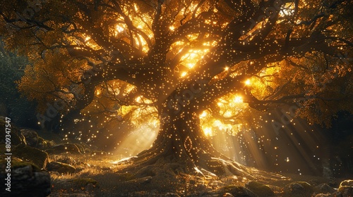 A divine tree of immortality with golden atmosphere and golden orb pattern on tree.